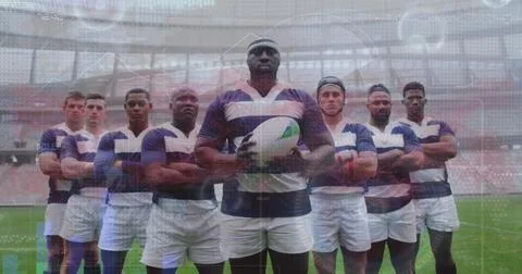 Image of data processing over diverse male rugby players Foto stock
