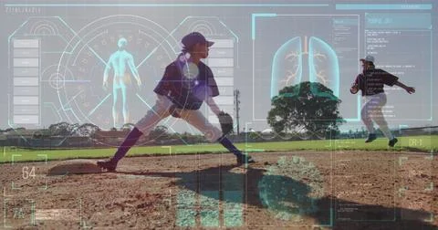 Image of data processing over diverse female baseball players Foto stock