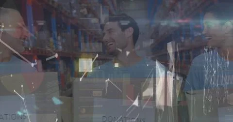 Image of data processing over diverse workers in warehouse Stock Photos