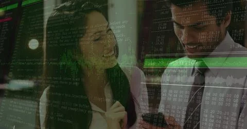 Image of data processing over diverse business people at office Stockfoto's