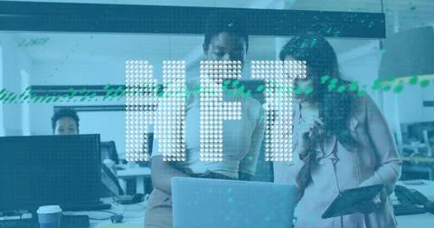 Image of data processing over diverse business people using computer Stock Photos