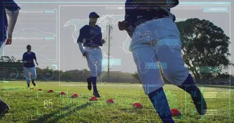 Image of data processing over diverse female baseball players Foto stock
