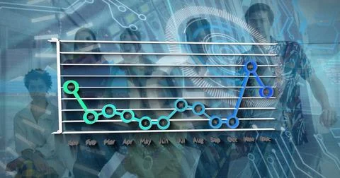Image of data processing over diverse business people smiling Foto stock