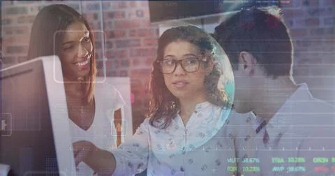 Image of data processing over diverse business people talking Foto stock