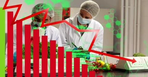 Image of data processing over diverse scientists talking Stock Photos