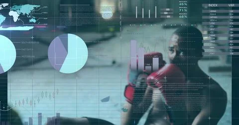 Image of data processing over diverse people boxing at gym Foto stock