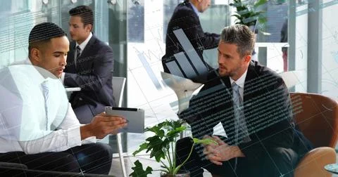 Image of data processing over diverse business people at office Stock Photos