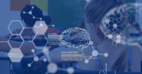 Image of data processing over diverse schoolchildren learning Stock Photos