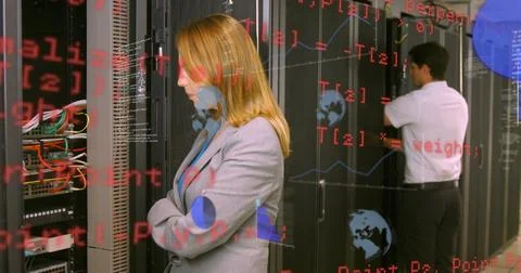 Image of data processing over diverse workers in server room 写真素材