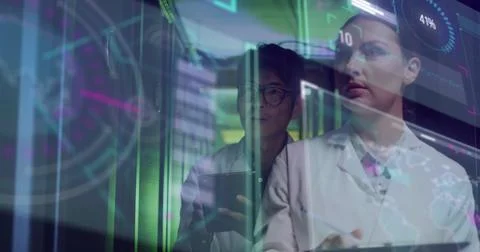 Image of data processing over diverse workers in server room 写真素材