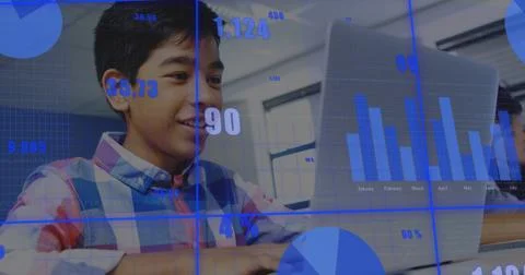Image of data processing over diverse schoolchildren using laptop Foto stock