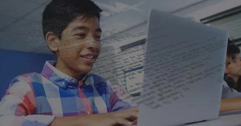 Image of data processing over diverse schoolchildren using laptop 写真素材