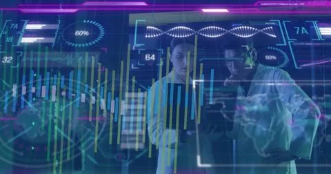 Image of data processing over diverse workers in server room Foto stock