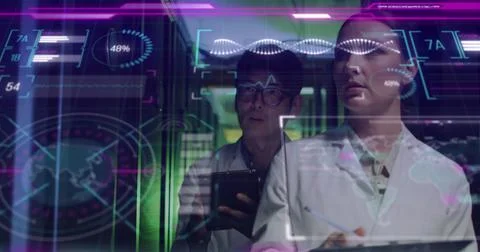 Image of data processing over diverse workers in server room Foto stock