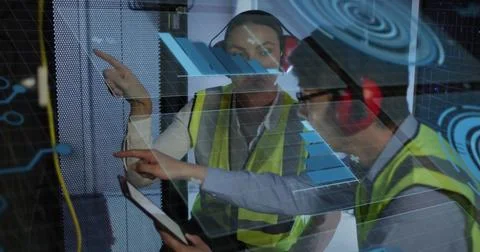 Image of data processing over diverse workers in server room Stockfoto's