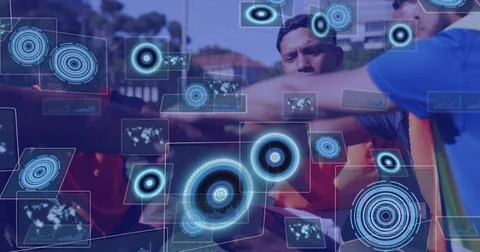 Image of data processing over diverse sports people teaming up Foto stock