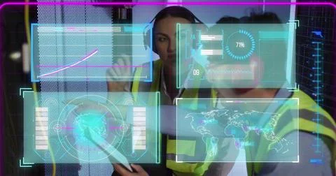 Image of data processing over diverse workers in server room Stockfoto's