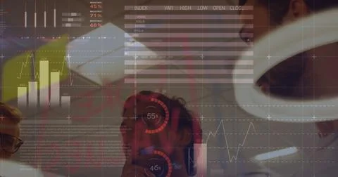 Image of data processing over diverse business people talking Фото