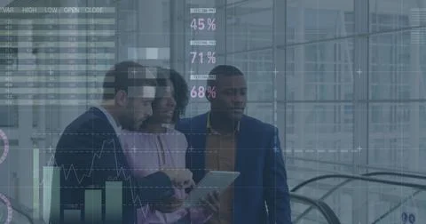 Image of data processing over diverse business people talking Stock Photos