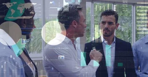 Image of data processing over diverse business people at office Stock Photos