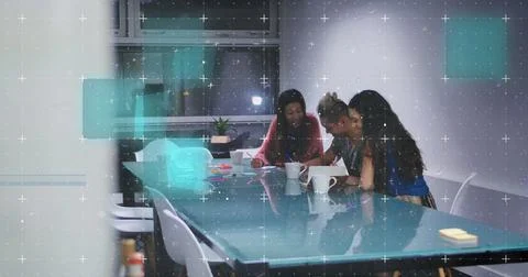 Image of data processing over diverse business people in office Stock Photos