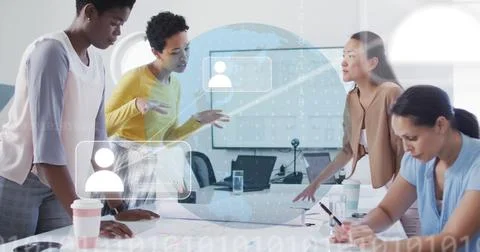Image of data processing over diverse business people in office Stock Photos