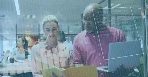 Image of data processing over diverse business people using laptop in office Stock Photos