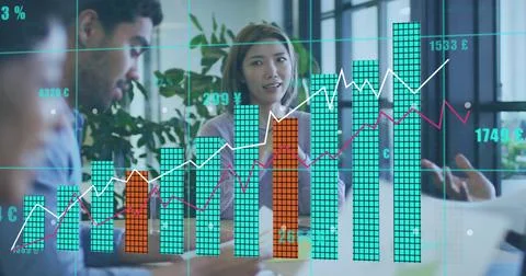 Image of data processing over diverse business people in office Stock Photos
