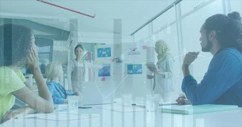 Image of data processing over diverse business people at office Stock Photos
