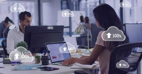 Image of data processing over diverse business people in office Stock Photos