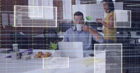 Image of data processing over diverse business people in office Stock Photos