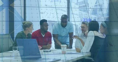 Image of data processing over diverse business people in office Stock Photos