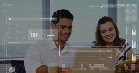 Image of data processing over diverse business people using laptop Stock Photos