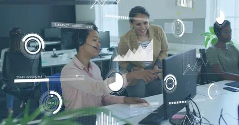 Image of data processing over diverse business people in office Stock Photos