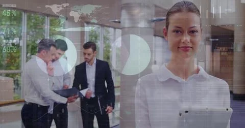 Image of data processing over diverse business people talking Stock Photos