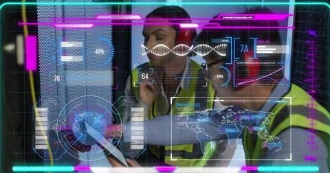 Image of data processing over diverse workers in server room Stock Photos