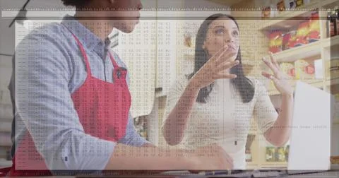 Image of data processing over diverse business people in cafe Stock Photos