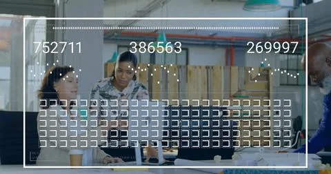 Image of data processing over diverse business people discussing work Stock Photos