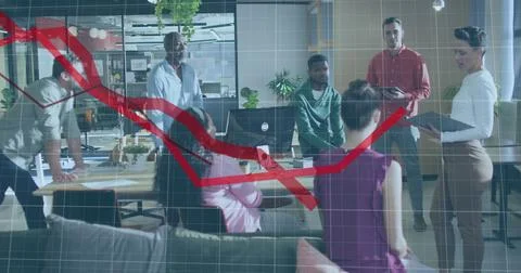 Image of data processing over diverse business people working at office Stock Photos