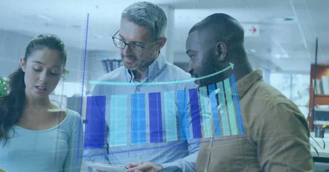 Image of data processing over diverse business people in office Stock Photos