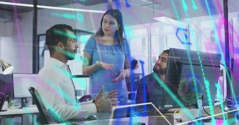 Image of data processing over diverse business people in office Stock Photos