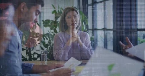 Image of data processing over diverse business people at office Stock Photos