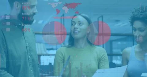 Image of data processing over diverse business people working in office Stock Photos