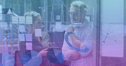 Image of data processing over diverse business people working at office Stock Photos