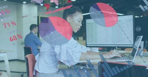 Image of data processing over diverse business people working at office Stock Photos