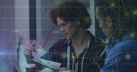 Image of data processing over diverse business people in office Stock Photos