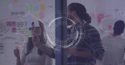 Image of data processing over diverse business people in office Stock Photos