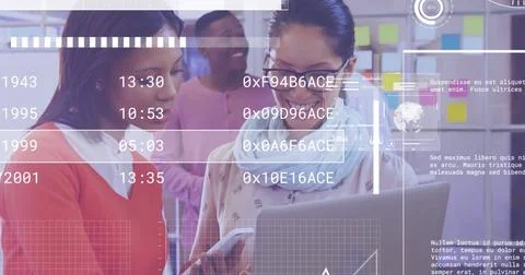 Image of data processing over diverse business people in office Stock Photos