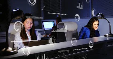 Image of data processing over diverse business people using computers 스톡 사진