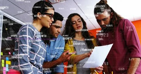 Image of data processing over diverse business people in office Stock Photos